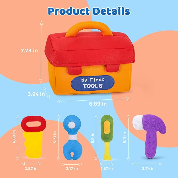 KMUYSL Baby Toys 0-6-12 Months, My First Tools Plush Toys -4 Pcs Sensory Playset Soft Toys with Squeaker Crinkle for 0-6-9-12 Months Newborn Infant, Birthday Christmas Gifts for Boys Girls