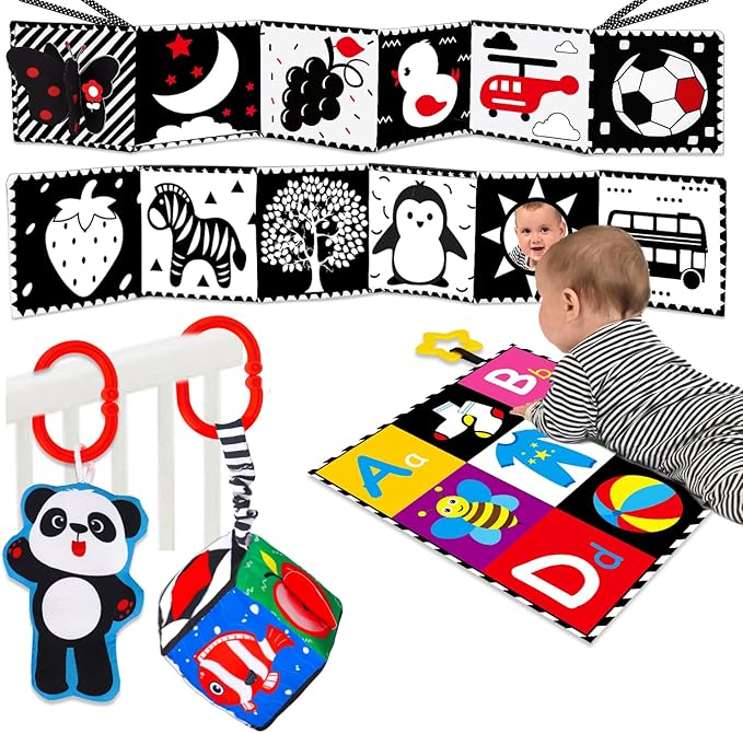 4 PCS Black and White High Contrast Baby Toys 0-3-6 Months Newborn Essential Toy for Babies Crinkle Sensory Book Brain Development Tummy Time Mirror Infant Carseat Rattle Christmas Stocking Stuffer