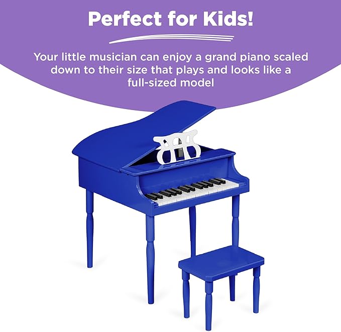 Best Choice Products Kids Classic Wooden 30-Key Mini Grand Piano Musical Instrument w/Piano Lid, Bench, Foldable Music Rack, Song Book, Note Stickers, Enamel Finish - Dark Blue