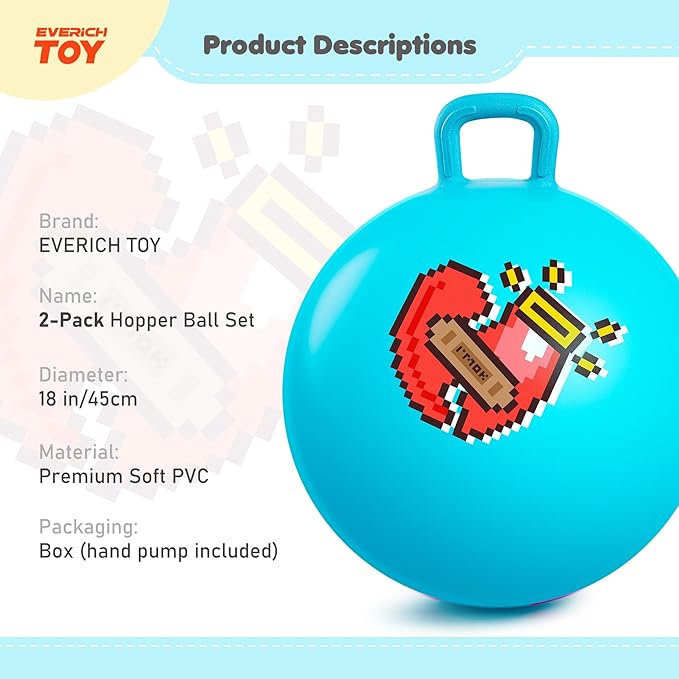 EVERICH TOY 2-Pack Hopper Ball for Kids, 18In Hippity Hop Balls, Yellow & Blue Bouncy Ball with Handle, Indoor Outdoor Inflatable Hopping Toy sfor Girls Boys Gift with Pump