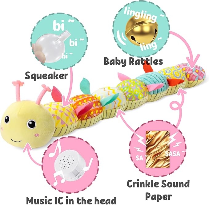 LIGHTDESIRE Baby Toys Musical Caterpillar,Infant Stuffed Animals Toy with Crinkle and Rattles,Soft Sensory Toys with Textures for Tummy Time Newborn Boys Girls 0 3 6 12 Months(Yellow)
