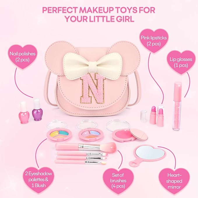 Kids Makeup Kit for Girls - 15 Pcs Real Washable Make Up Set - Non Toxic Toddlers Cosmetic with Letter Mouse Ear Purse - Dress up Birthday Gifts for 3 4 5 6 7 8 Years Old Girls - N