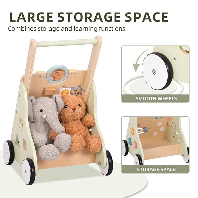 OOOK Wooden Baby Walker with Wheels, Montessori Baby Push Walker, Sit to Stand Walker for Baby Boy 6-12 Months, Toddler Standing Activity Center for Boys and Girls