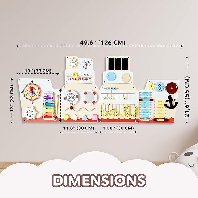 Cateam Sensory Wall Panel for Kids - Activity Wall Busy Board for Toddlers and preschoolers. 16in1 Learning Activity Center. Wooden Montessori Toys for Education and Early Development - Ship