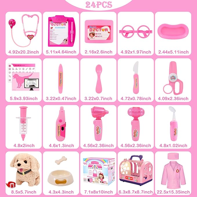 24 Pcs Dog Toys Doctor Kit for Kids, Walking and Barking Electronic Interactive stuffed Puppy Toy with Pretend Playset for Toddlers, Pet Care Veterinarian Toy Set, Girl Role Play Gift for 3-6 Year Old