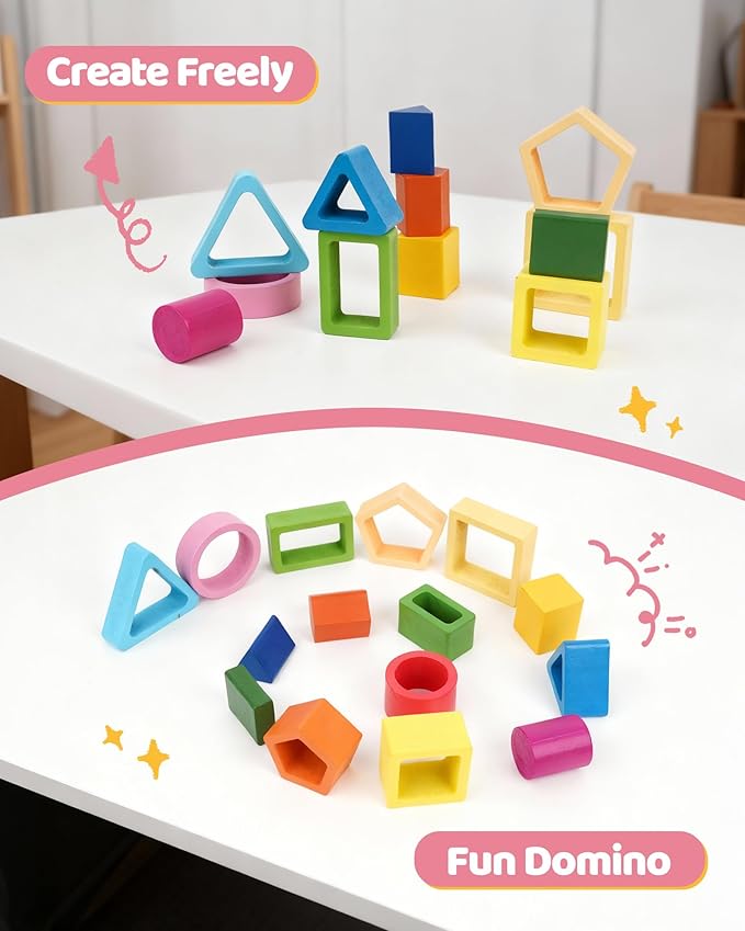 Montessori Toys for 1 2 3 Year Old, Wooden Stacking & Sorting Toy with Geometric Shapes, Educational Learning Toys and Birthday Gifts for Toddlers Boys Girls 1-3