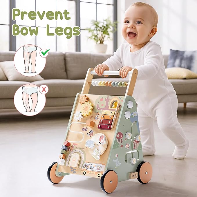 ROBUD Wooden Baby Push Walker, Forest Theme Learning Walking Toys, Adjustable Height Baby Walker with Decelerator, Montessori Toys for Baby Age 10 Months+, WRP37