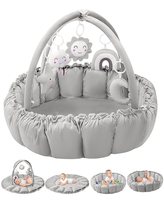 5-in-1 Convertible Baby Gym Play Mat with Hanging Toys, Soft Padded Baby Lounger & Ball Pit, Plush Tummy Time Mat for Newborns to Toddlers, Machine Washable, Gray