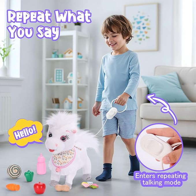 White Walking Singing Pony Set Talking Musical Dancing Pony with Leash, Electric Plush Pretend Play Horse Toy for Girl Kid, Nod Lick Wag Repeat What You Say, Farm Animal Horse Pony Boy