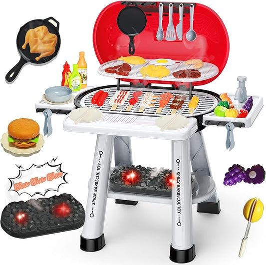 Play Kitchen Sets Toy for Toddlers 3-5, Indoor Outdoor Interactive Kids BBQ Grill Playset with Smoke, Sound & Light, Pretend Cutting Food, Christmas Birthday Gift for Boys and Girls 4-8.