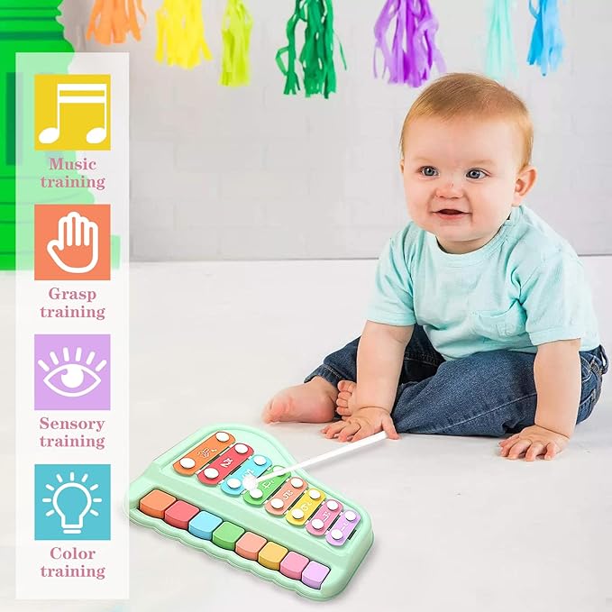 Baby Piano Xylophone for Toddlers 2-3, 2 in 1 Baby Piano Xylophone Musical Instrument with 8 Multicolored Key Scales Keyboard for Kids(Green)