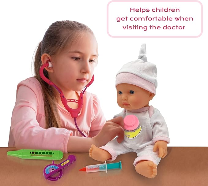 10" Baby Doll Doctor Set for Kids- Toy Nurse Kit for Toddler, Little Girl – Playset Pack with Checkup Accessories & Newborn Doll in Unicorn Hospital Clothes – Cute, Fun Healthcare Dolly for Children