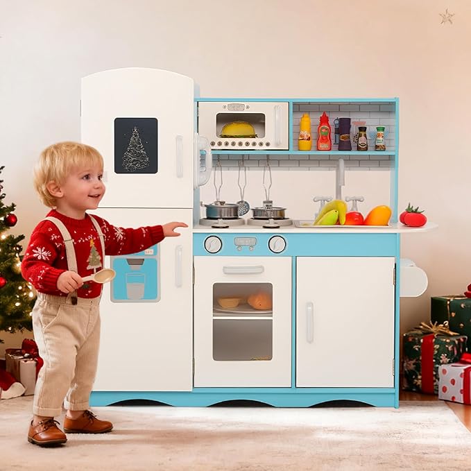 Kinder King Wooden Kids Play Kitchen, Toy Kitchen Playset for Toddler, Pretend Oven, Microwave, Telephone, Chalkboard, Interactive Doors, Knobs, Realistic Kitchen Sets for Boys Girls Age 3+, Blue