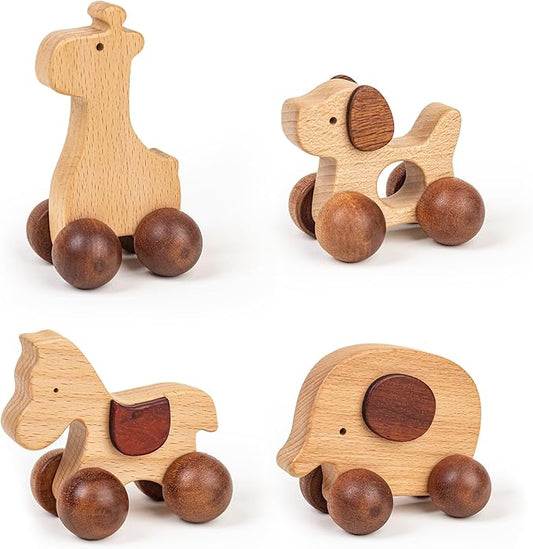 Wooden Animal Car Toy Set – 4PCS Push & Pull Montessori Cars for Kids 3+ | Natural Solid Wood Baby Toy Cars (Puppy, Elephant, Pony, Giraffe) | Hand-Carved Safe Toddler Gift