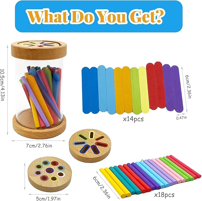 Montessori Wooden Stick Color Sorting Toys for 3 Year Old, Dual Play Educational Preschool Learning Fine Motor Skills Sensory Toys for Toddlers 3-5 Girl Boy Birthday Gifts (Acrylic Bucket)