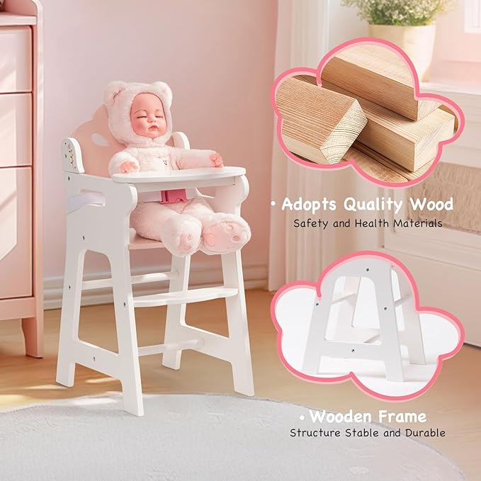ROBOTIME Baby Doll High Chair, Pretend Play High Chair with Safety Belt and Footrest, Wooden Baby Doll Accessories, Doll Furniture Fits 18-20 Inch Dolls, Gift for Ages 3+ (White)