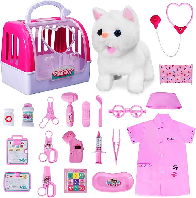 Doctor Kit for Girls -Vet Play Sets for Kids, Pretend Play Doctor Set with Pet Cage and Kitten Toy, Doctor Play Gift for Kids Toddlers Ages 3 4 5 6 Year Old for Role Play (White Kitten)