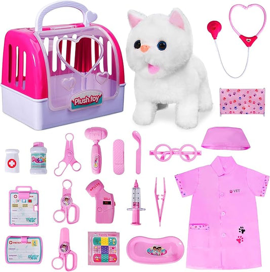 Doctor Kit for Girls -Vet Play Sets for Kids, Pretend Play Doctor Set with Pet Cage and Kitten Toy, Doctor Play Gift for Kids Toddlers Ages 3 4 5 6 Year Old for Role Play (White Kitten)