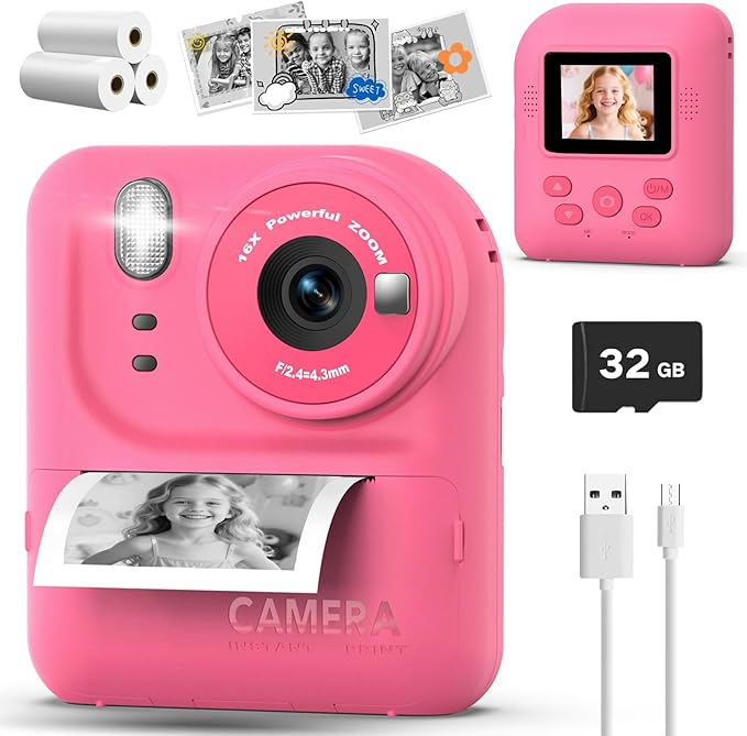 Kids Camera Instant Print Photo, Portable Thermal Printing Camera Toy with HD Digital Video, for 3-12 Years Old Boys Girls, Creativity & Learning (Rose Red)