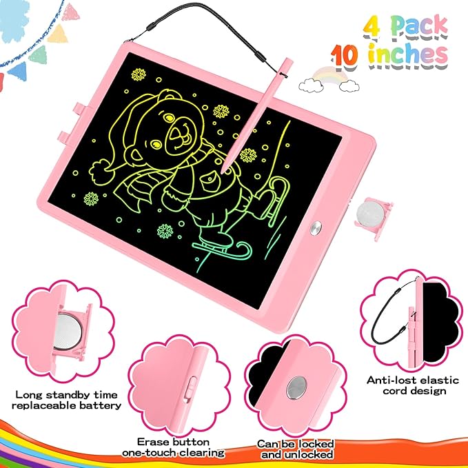 4 Pack LCD Writing Tablet for Kids 10 inch LCD Writing Board Erasable Colorful Doodle Board Drawing Pad for Kids Educational Learning Toys Birthday Gifts for 3 4 5 6 Year Old Boys and Girls Toddlers