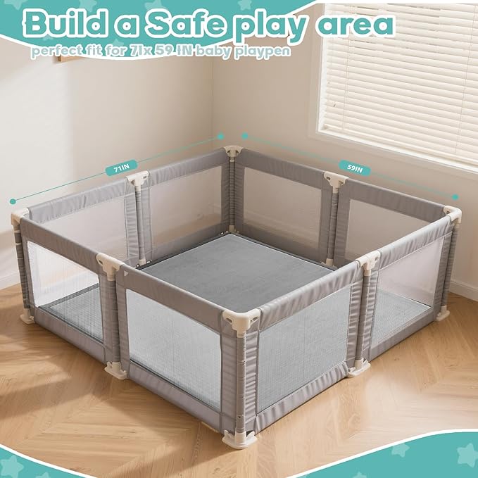 Baby Play Mat for Floor, 71'' x 59'' Thicken Foam Soft Padded Playmat for Tummy Time, Playpen Mat for Toddlers, Water-Repellent Coral Velvet, Non-slip Bottom Safe for Crawling (Light Grey)