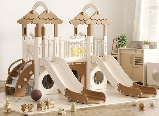 KORIMEFA 10-in-1 Toddler Slide, Kid Double Slide for Toddlers Age 1-3, Basketball Hoop, and Telescope, Indoor Outdoor Slide Toddler Playset Toddler Playground, Forest Themed Brown