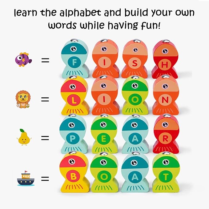Haktoys Magnetic Wooden Alphabet Fishing Game with Ocean Sticker Book – Montessori ABC Toy with 26 Lettered Fish & 2 Poles – Educational Travel Toy for Toddlers, Boys & Girls Ages 3+
