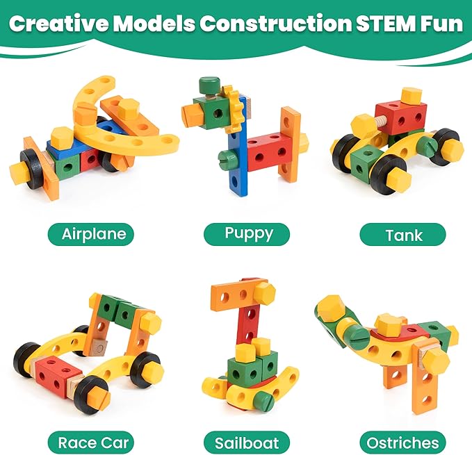 WOOOMAM Kids Tool Set, 90 PCS Wooden Toddler Tool Set with Box and Flash Cards, Tool Kit for Kids Age 3-5 Years, Toddler Boy Toys, FSC Certified Material