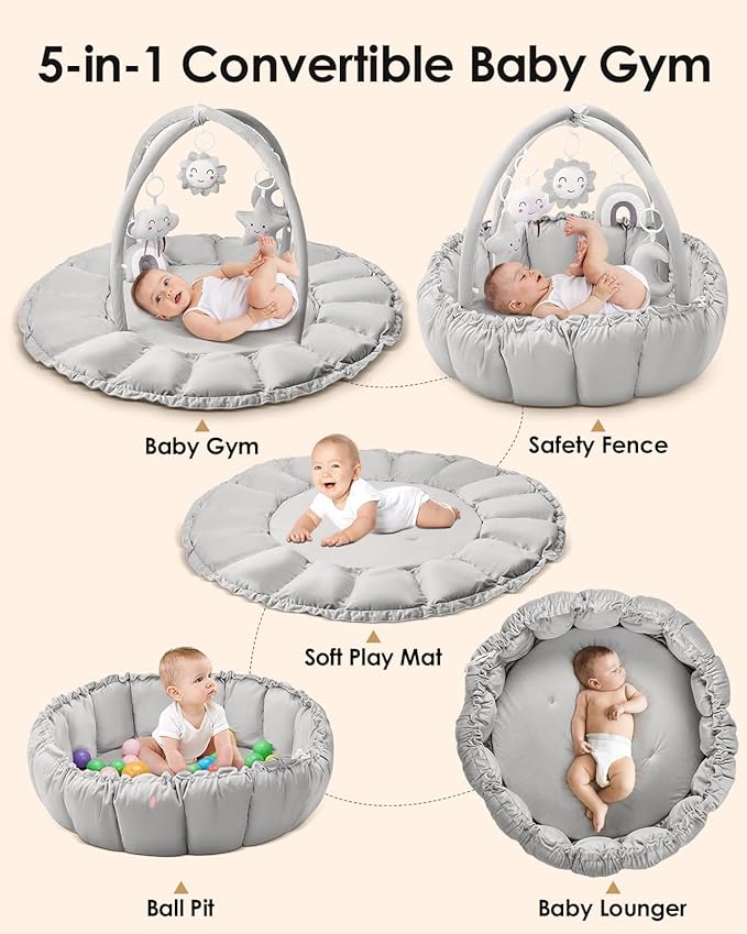5-in-1 Convertible Baby Gym Play Mat with Hanging Toys, Soft Padded Baby Lounger & Ball Pit, Plush Tummy Time Mat for Newborns to Toddlers, Machine Washable, Gray