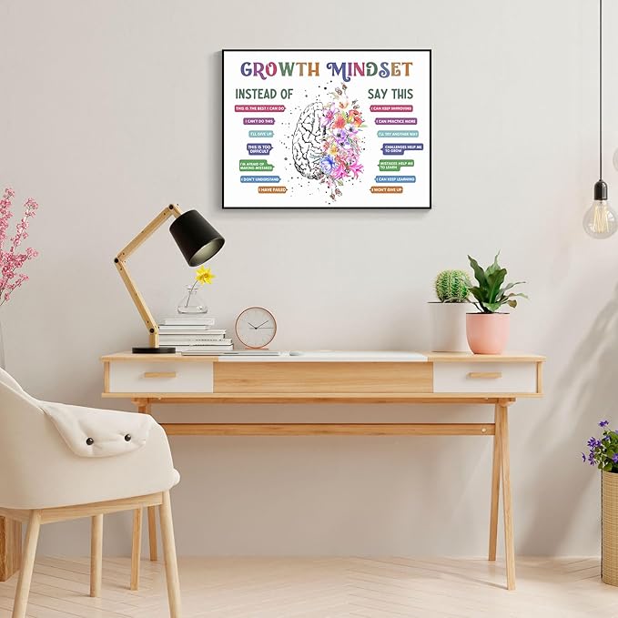 uoyien Classroom Growth Mindset Affirmations for Kids Mental Health Posters Brain Poster Psychology Special Education Calm Corner Wall Art Office Therapy Canvas Wall Decor Prints 12x16in Metal Framed