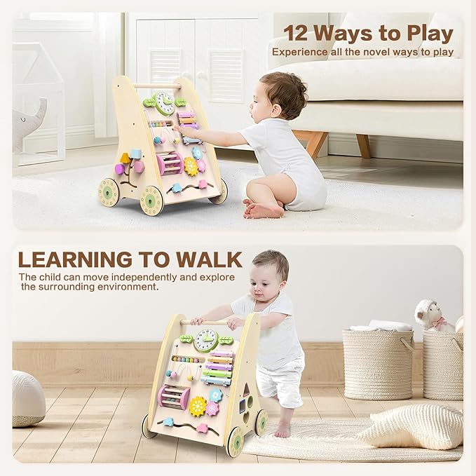 Wooden Baby Walker,Adjustable Speed Push Walker with Wheels and Learning Activity Center,Montessori Walker for Babies 12 Months,Baby Walker Push Toys for Baby Boys and Girls Gifts (Natural)