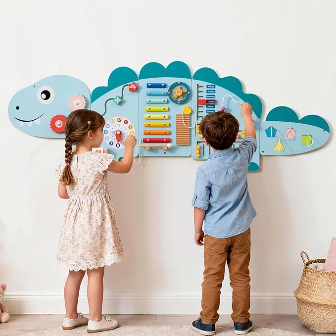 HONEY JOY Dinosaur Activity Wall Busy Board Panels, 11-in-1 Wooden Sensory Wall Panel for Kids, Toddler Learning Activity Center, Ideal for Playroom Daycare Nursery Classroom Dentist Office (Blue)
