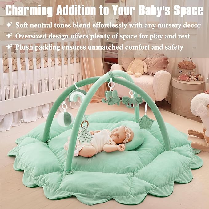 5-in-1 Plush Baby Play Gym, Tummy time mat, Play Mat, Baby Gym, Activity Mat with Convertible Gym and Pillow, 6 Sensory Toys, Play Center from Newborn to Toddler, Sage Green