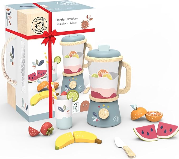 SPEEDY MONKEY Smoothie Maker Blender Set - FSC Wooden Food Blender Toy for Kids, Pretend Play Kitchen Appliance, Role Play Toy Mixer for Toddlers, Fun Fruity Smoothie Playset to Make a Healthy Shake