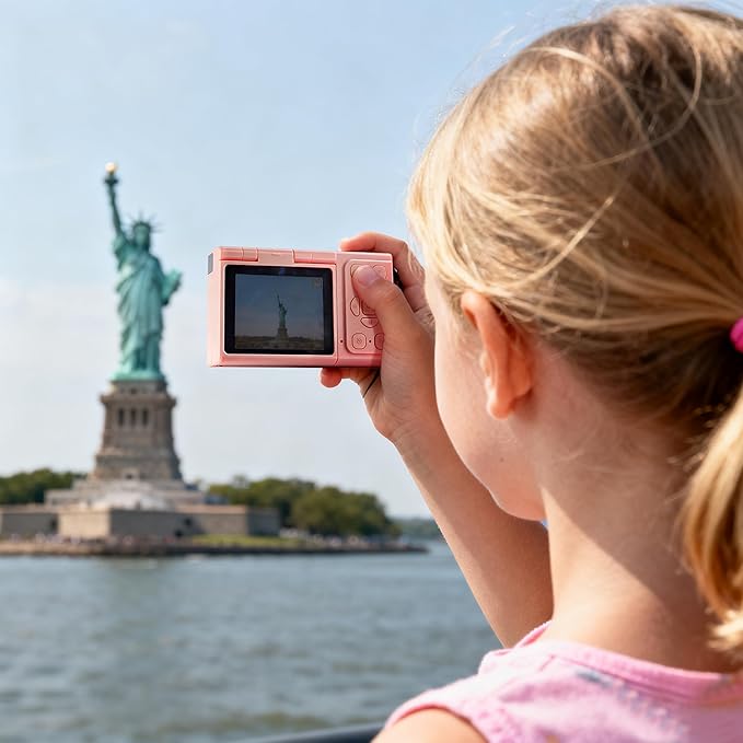 Pink Digital Camera with 2" Flip Screen for Selfie, 1080P Point and Shoot Digital Camera with 32GB Card, 8X Zoom, Portable Vlogging Camera for Kids, Teens & Beginners