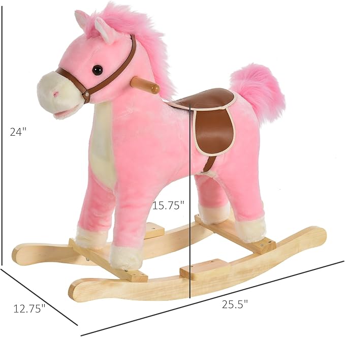Qaba Rocking Horse Plush Animal on Wooden Rockers, Baby Rocking Chair with Sounds, Moving Mouth, Wagging Tail, Pink