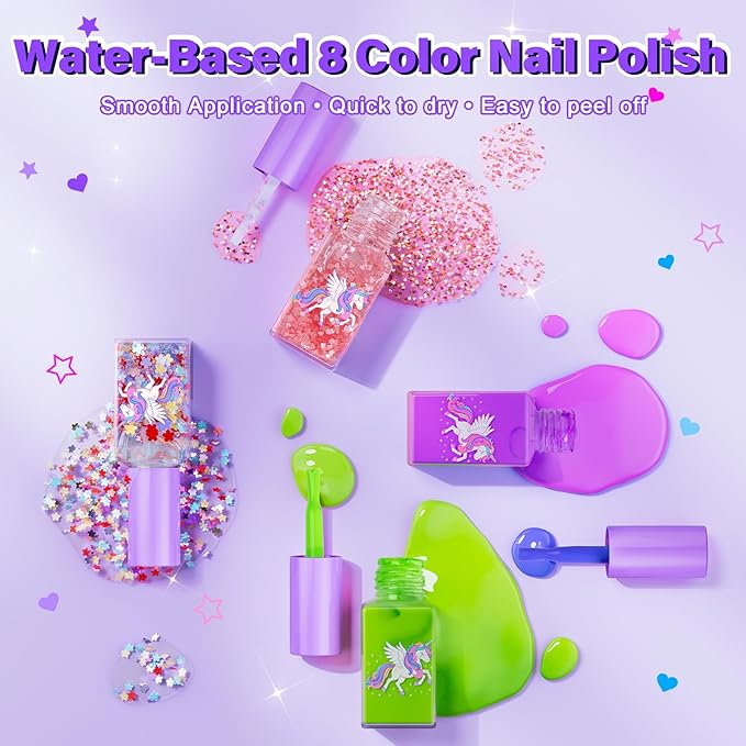 Kids Nail Polish Set for Girls Toys, Washable Quick-Dry Toddler Nail Art Kit with Air Cooling Dryer and Cosmetic Case, Christmas or Birthday Gifts for Girls Ages 3 4 5 6 7 9 10 11 12-Purple