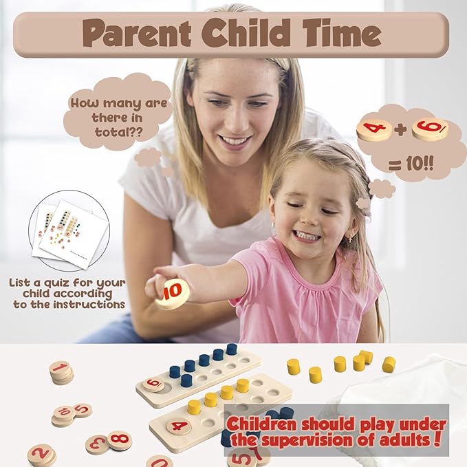 TEUVO Counting Peg Board Montessori Toys for Kids Aged 3 4 5 6 Years Old, Montessori Math Manipulatives Materials Wooden Preschool Learning Number and Counting Games for Home School Classroom Teaching