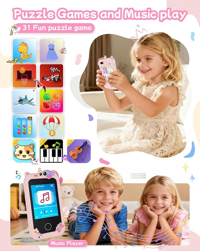 Kids Smart Phone Toy for Girls, Educational Touchscreen Toddler Phone for 3-8 Years Kids, Pretend Play Phone with Dual Camera, Music, 31 Games, ABC Learning & Habit Reminder, Girls Birthday Gift