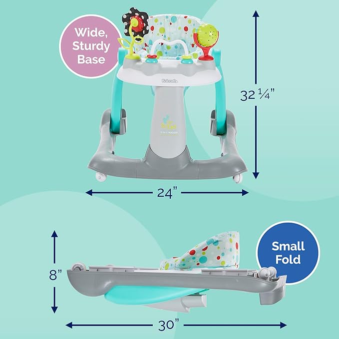 Kolcraft Tiny Steps 2 in 1 Foldable Infant and Baby Walker with Wheels, Seated or Walk Behind Activity Center, Entertaining Developmental Activities for Boys and Girls, Wide Base Sturdy Frame, Bubbles