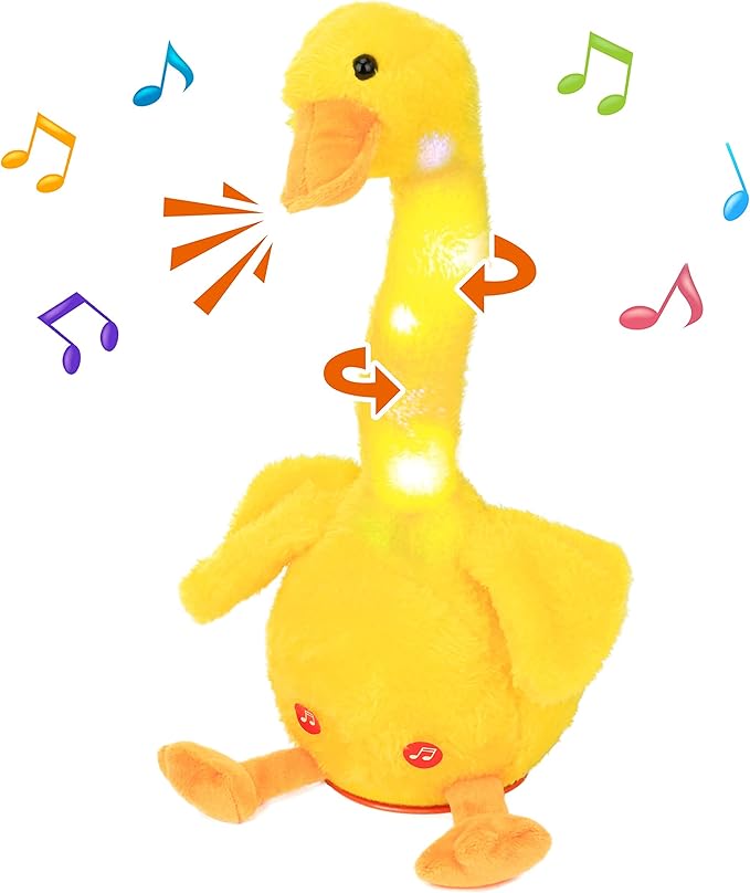 Hopearl Glowing Dancing Duck Toy Repeats What You Say Talking Duckling Toy Wriggle Singing Mimicking Twisting Light Up Interactive Animated Toy Speaking Plush Gift for Kids, Yellow, 13''