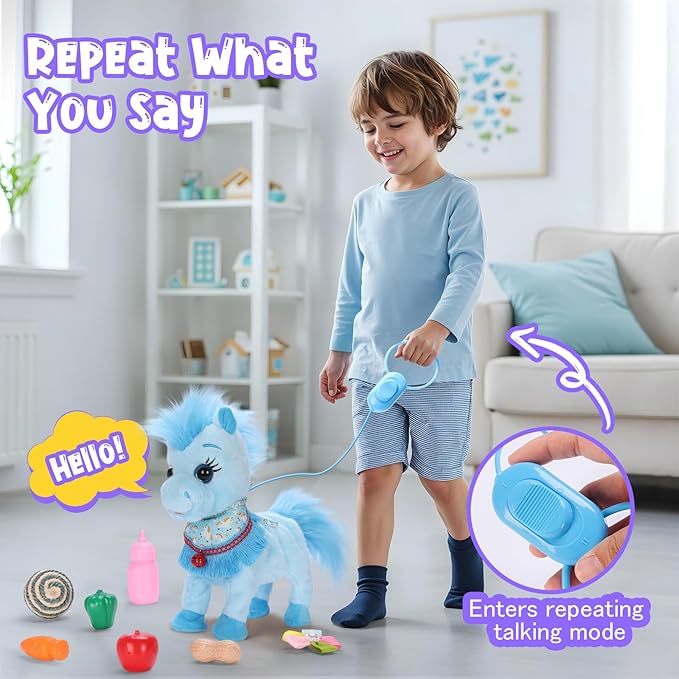 Blue Interactive Walking Singing Pony, Toy Horse Talking Dancing Pony with Leash, Electric Plush Pony Horse Pet Toy for Toddler, Nod Lick Wag Repeat What You Say 3+ Girl Boy Kid