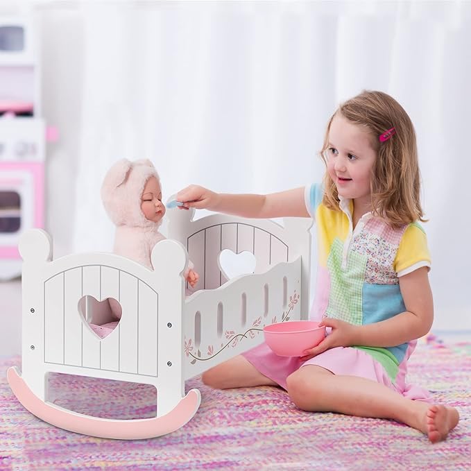 ROBOTIME Wooden Play Doll Cradle Rocking Baby Doll Crib, Reversible Doll Bedding for Toddler Girl,Fits Dolls Up to 20 Inches (White)