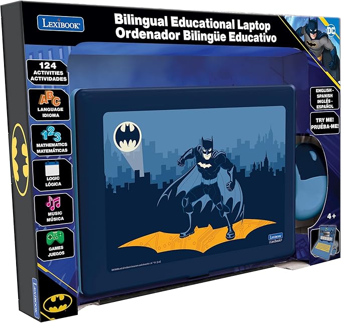 Lexibook, Batman, Bilingual Spanish/English Educational Computer, Toy for Children with 124 Activities, Writing, Maths, Logic, Music Activities and Games, Blue, JC598BATi2