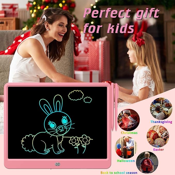 FLUESTON LCD Writing Tablet, Doodle Board Toys Gifts for 3-8 Year Old Girls Boys, 15 Inch Colorful Electronic Board Drawing Pad for Kids, Christmas Gifts for Toddler Educational Learning Travel, Pink