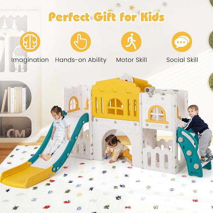 Costzon 8 in 1 Toddle Slide Playset, Freestanding Kids Slide w/Tunnel, Basketball Hoop, Toddler Climber Slide Playset Indoor Playground for Kids 1-3 w/Storage Space, Gifts for Boys Girls (Yellow)