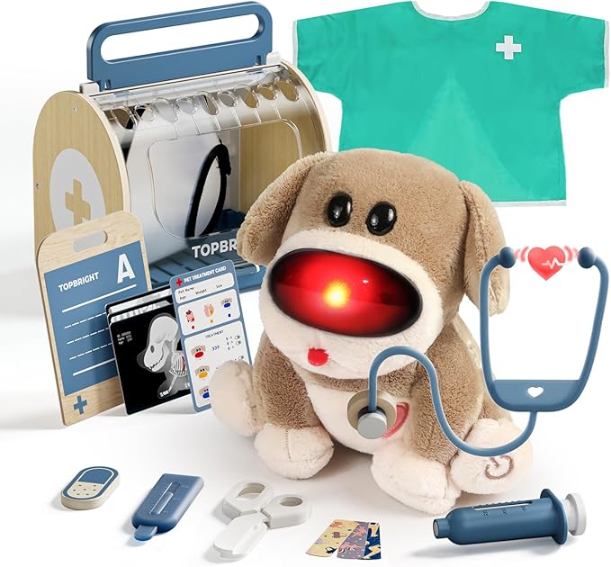 TOP BRIGHT Doctor Kit for Toddlers 3-5, Pretend Play Doctor Set with Costume & Wooden Medical Kit, Dress Up Toys for Kids, Role Play Dog Vet Playset, Christmas Birthday Gifts for Girls Boys 3 4 5