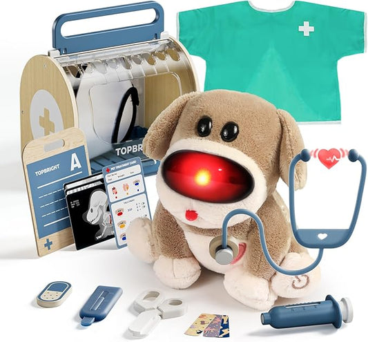TOP BRIGHT Doctor Kit for Toddlers 3-5, Pretend Play Doctor Set with Costume & Wooden Medical Kit, Dress Up Toys for Kids, Role Play Dog Vet Playset, Christmas Birthday Gifts for Girls Boys 3 4 5