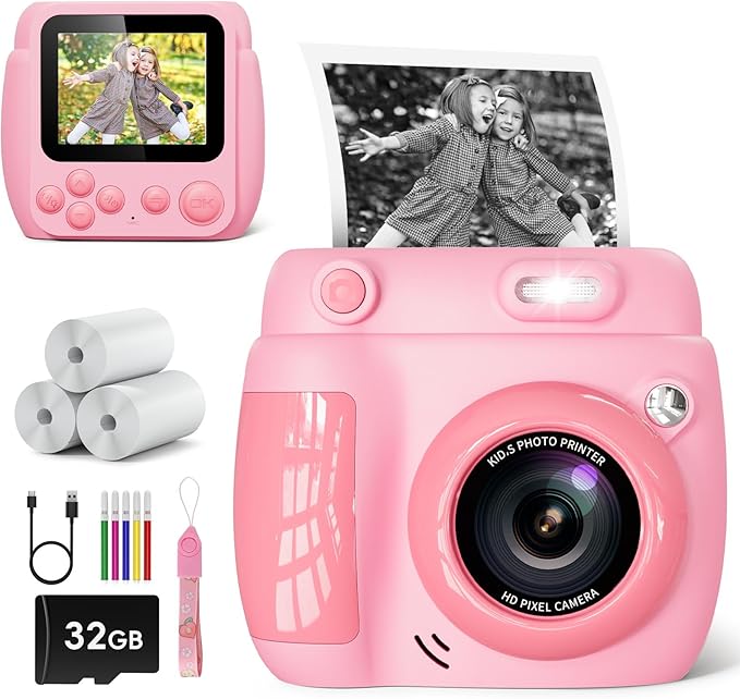 Kids Camera Instant Print - Christmas Birthday Gifts for Girls Boys Age 3-12, 1080P Video Digital Camera with 3 Rolls Printing Paper, Toddler Travel Toy Camera for 4 5 6 7 8 9 10 11 Year Old - Pink