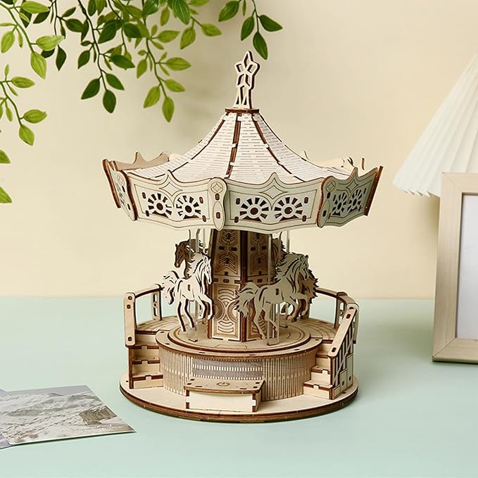 Adult 3D DIY Wooden Puzzles Music Carousel Model Building Kit Puzzles Set Jigsaw for Gifts